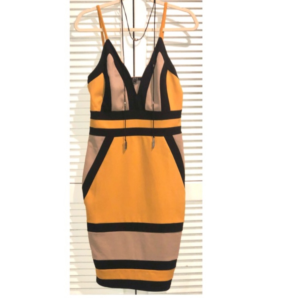 Privy Color Block Form Fitting Midi Mustard, Black and Nude Large